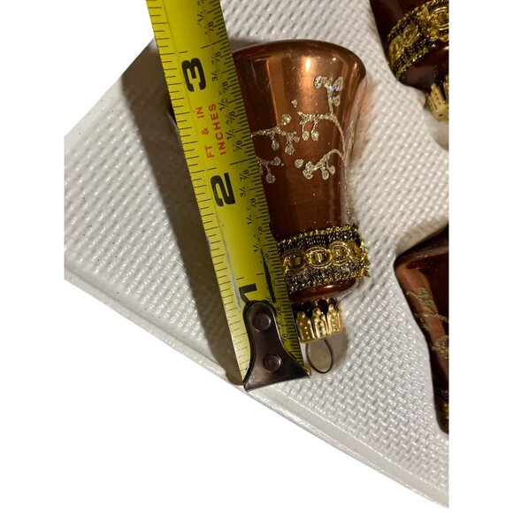 Glass Christmas Ornaments Bell Shape Set Of 4 Gold Accents Vintage Style Boxed - Picture 11 of 12